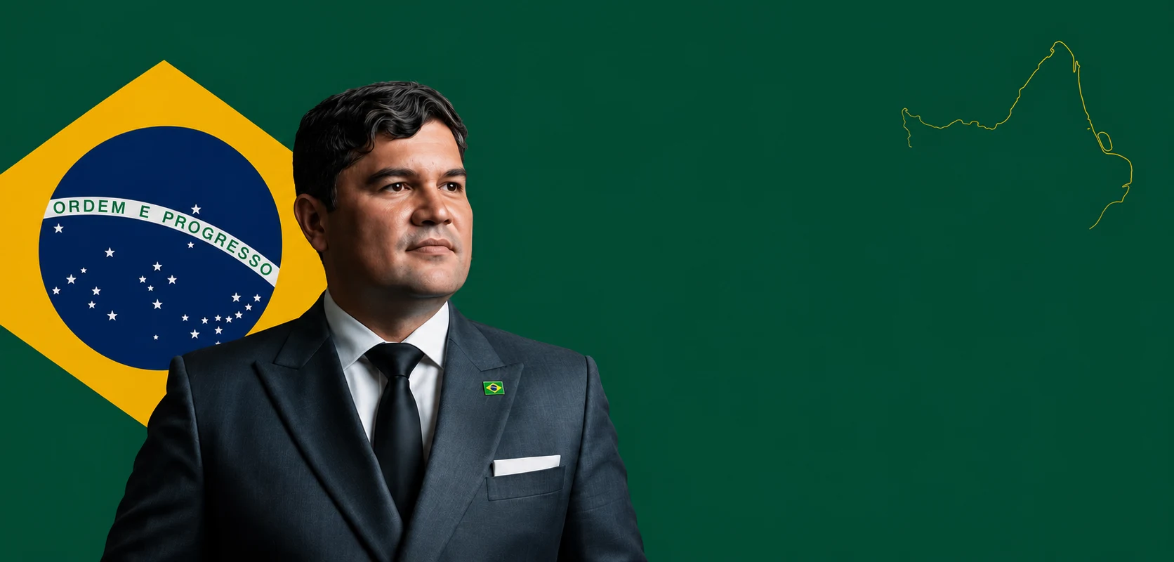 Gesiel Oliveira, candidato a Deputado Federal, com a bandeira do Brasil ao fundo
